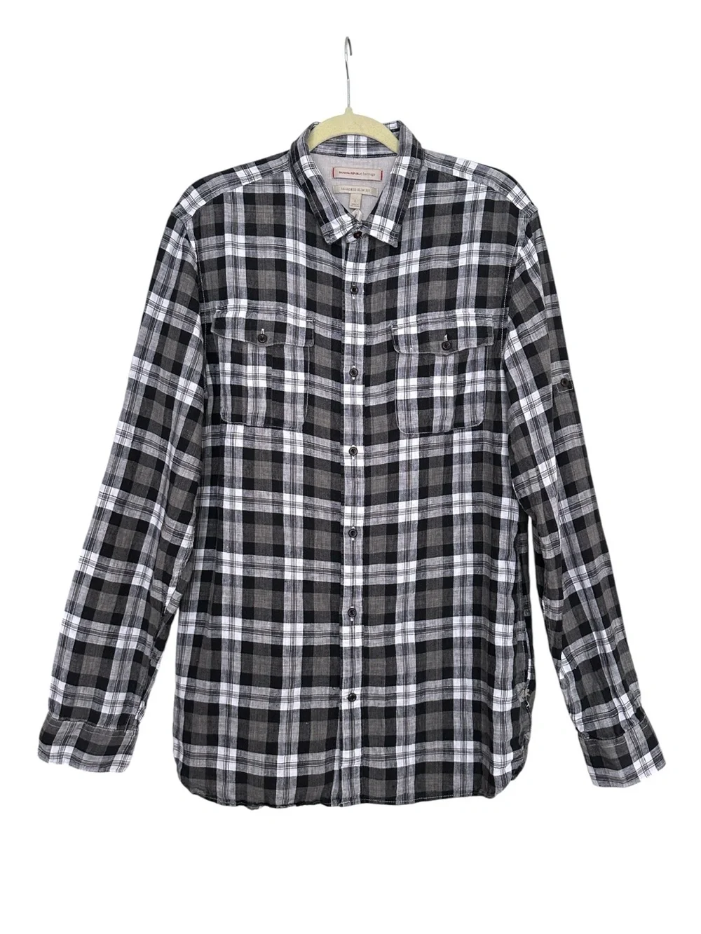 BANANA REPUBLIC Heritage 100% Linen Plaid Shirt Mens Large Tailored Slim Fit